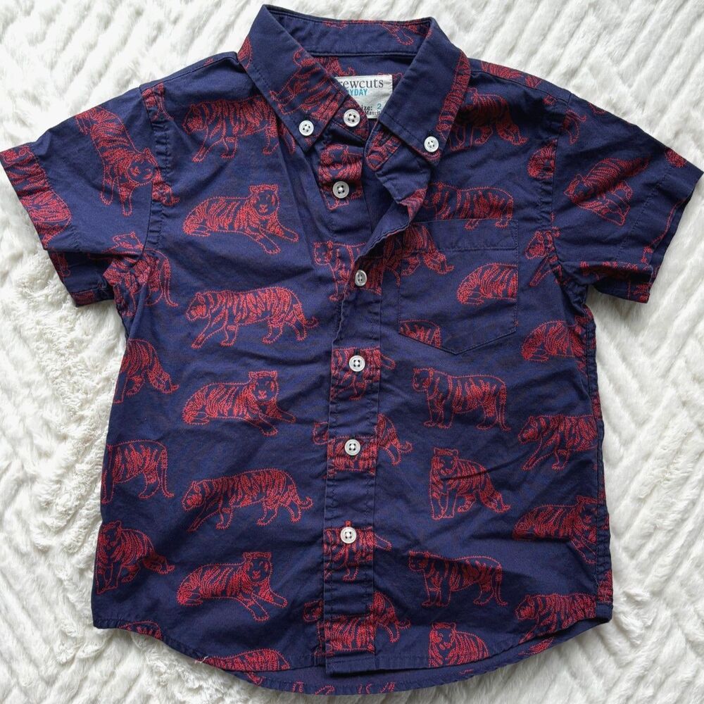 Crewcuts Boys Size 2 Button Down Shirt Tiger Print Navy Red Short Sleeve